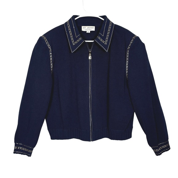 Vintage St. John Collection Knit Jacket Women 16 Navy Blue Gold Studded Zip Up - Picture 2 of 15